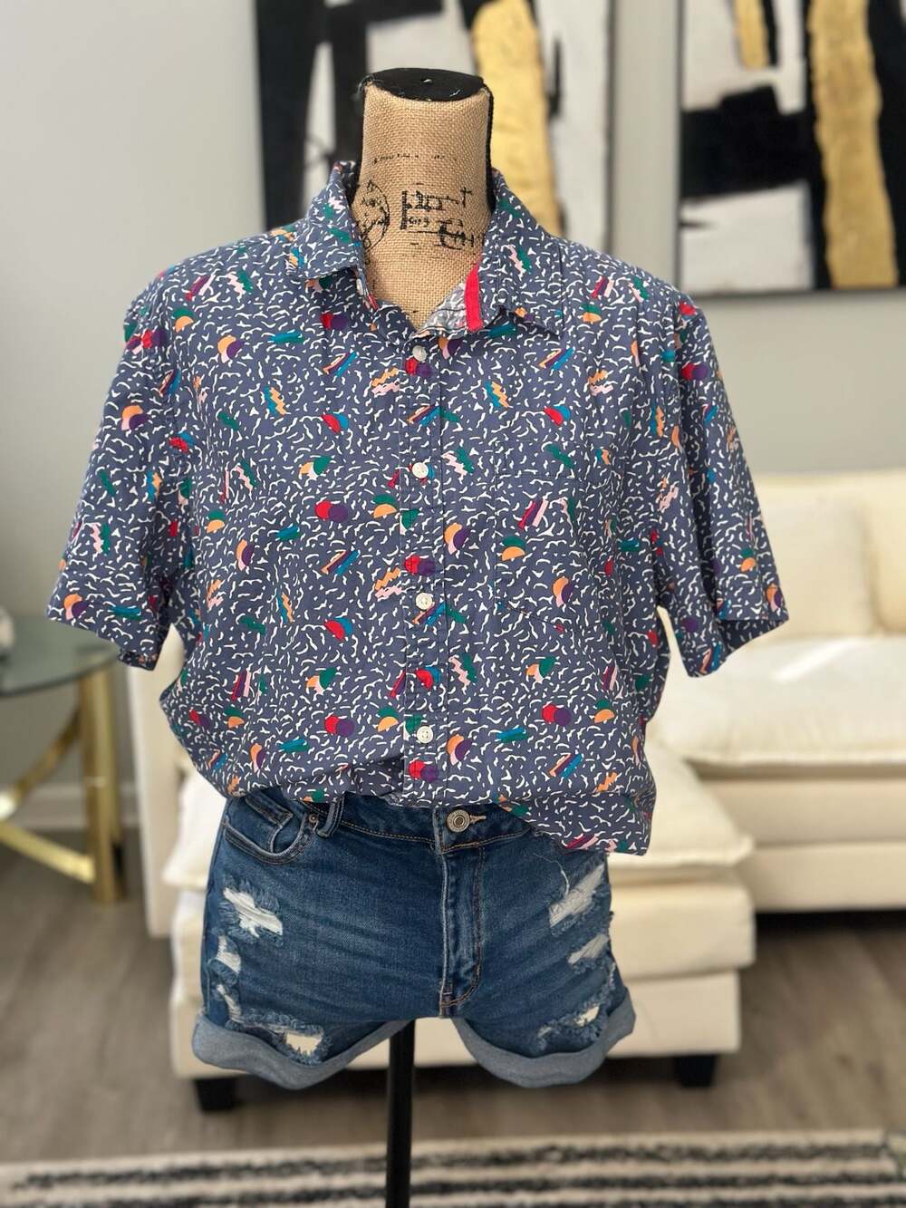 21 Men 90s Style Retro Geometric Abstract Print Short Sleeve Button Down Shirt